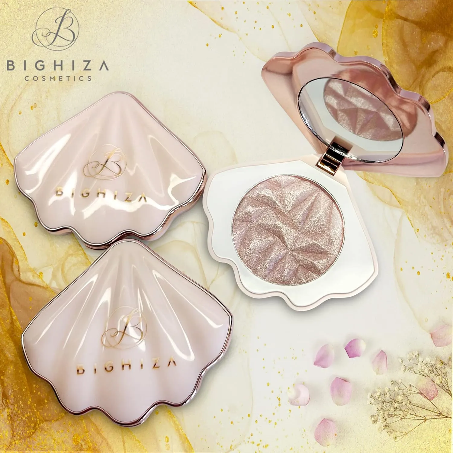 Three (3) Highlighting Face Powder Illuminator - Bighiza Girls Do It Better - Glow Highlighters Natural Shimmer Powder Makeup - 1 Pink Shimmer & 2 Gold Shimmer