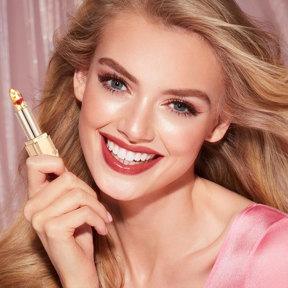 Transferproof Color Changing Lipstick, Flower Jelly Lip Gloss, Color Changing Lipstick Gold Foil for Women, Pink Crystal Flower Jelly, Makeup Lip Care Moisturizer Lip Gloss for Women (#1)