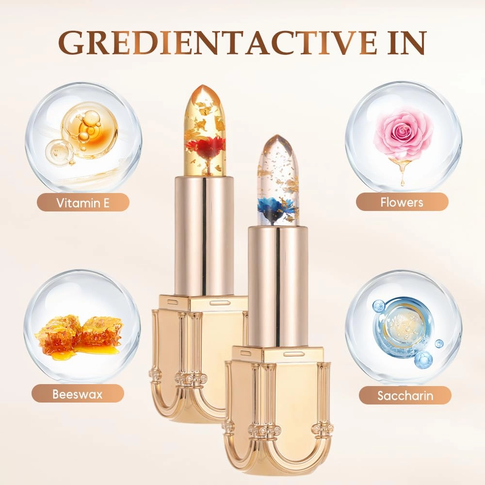 Transferproof Color Changing Lipstick, Flower Jelly Lip Gloss, Color Changing Lipstick Gold Foil for Women, Pink Crystal Flower Jelly, Makeup Lip Care Moisturizer Lip Gloss for Women (#2)