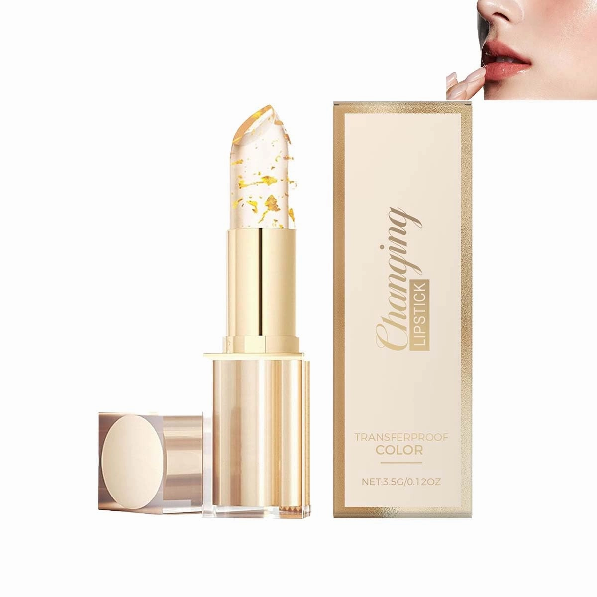 Transferproof Color Changing Lipstick,Gold Crystal Ph Lipstick Color Changing,Clear lipstick That Changes color,Long Lasting 24 Hours Moisturizing Glossy Shine Lip Gloss for Women (1pcs)
