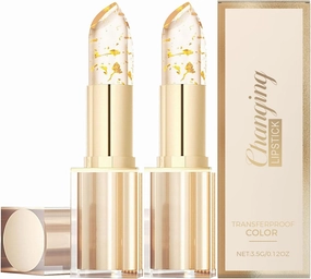 Transferproof Color Changing Lipstick, Long-Lasting Lipstick 24 Hours, Lipsticks Transparente, Gold Foil Color Changing Lipstick for Women, Hydrating Moisturizing Lip Balm(2pcs)