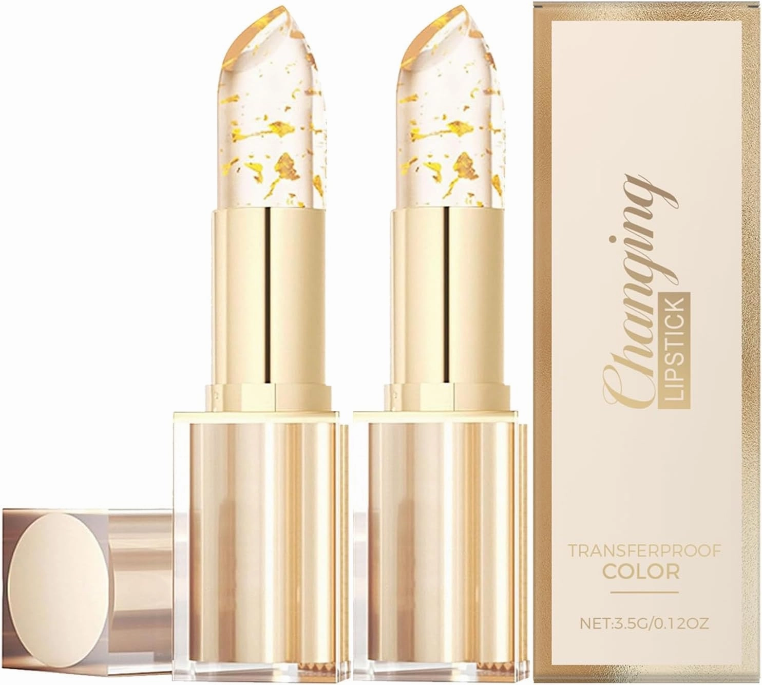 Transferproof Color Changing Lipstick, Long-Lasting Lipstick 24 Hours, Lipsticks Transparente, Gold Foil Color Changing Lipstick for Women, Hydrating Moisturizing Lip Balm(2pcs)