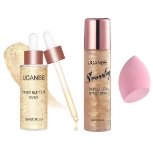 UCANBE 2 Pack Body Shimmer & Setting Spray – Hydrating Glow Mist   Face & Body Highlighter Lotion – Holographic Shine for Skin & Hair, 4 Fl Oz