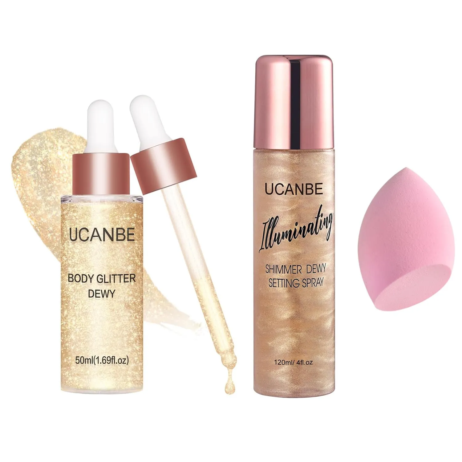 UCANBE 2 Pack Body Shimmer & Setting Spray – Hydrating Glow Mist   Face & Body Highlighter Lotion – Holographic Shine for Skin & Hair, 4 Fl Oz