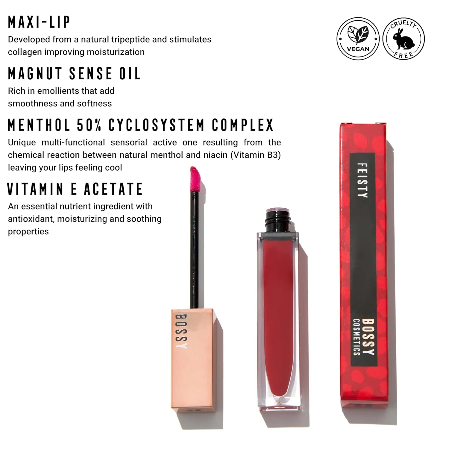 Vegan Lip Gloss for Soft Lips, Plumping Oil, Hydrating Non-Stick Lipgloss for Women, Provides Maximum Shine, Paraben and Cruelty Free (Feisty - Bold Rouge Color)