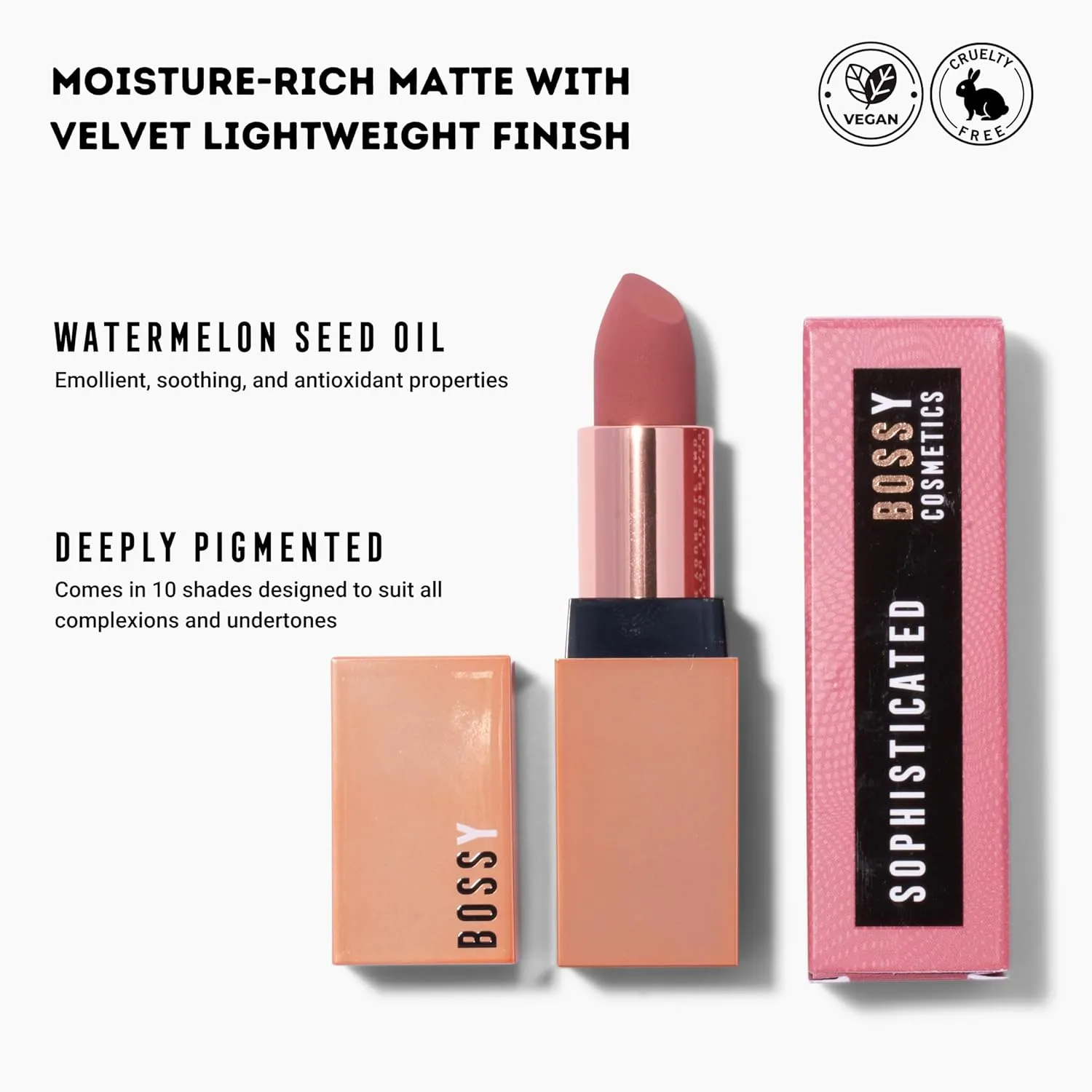 Vegan Lipstick Matte, Long Lasting, Hydrating Lip Stick with Vitamin E and Watermelon Seed Oil, Paraben and Cruelty Free (Sophisticated - Pink with Purple Hue Color)