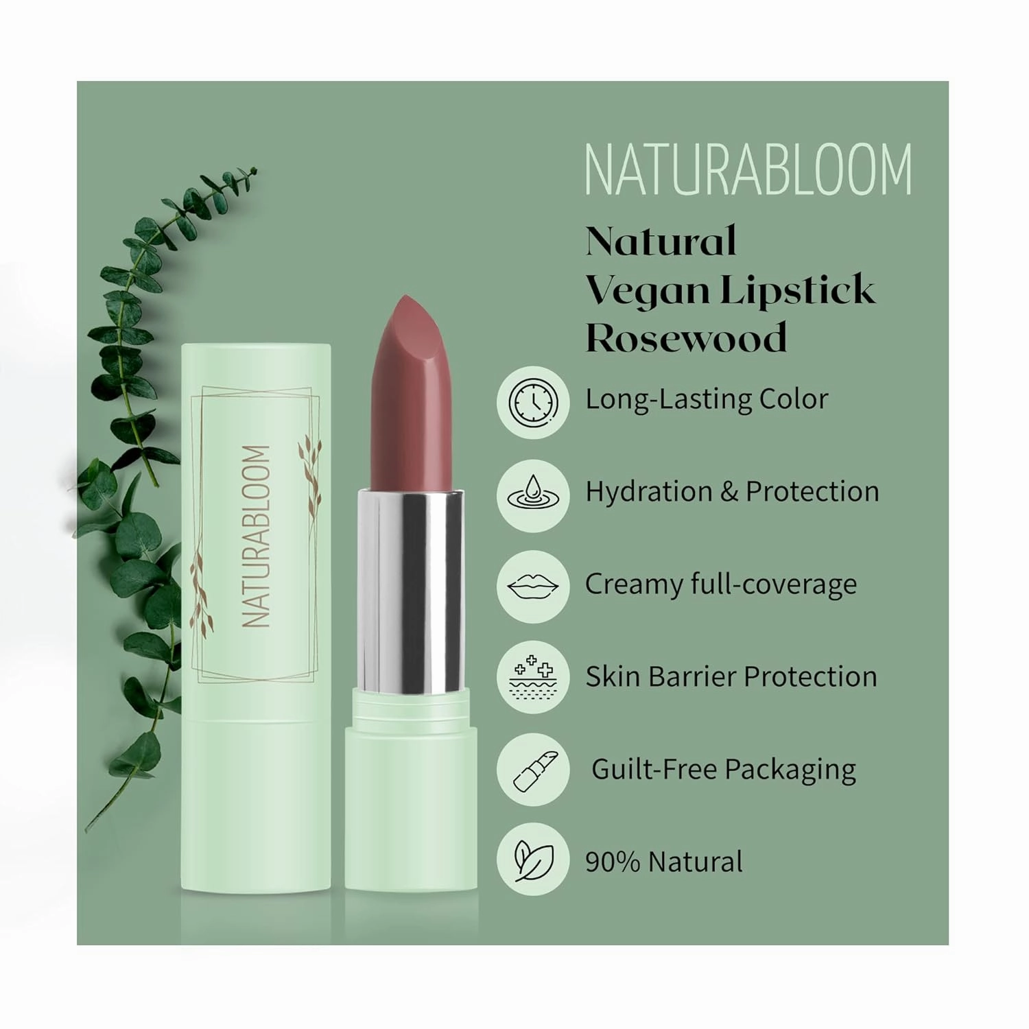 Vegan Lipstick (Rosewood) - Sensational One-Stroke Long Lasting Lipstick from Natural Oils & Butters Full-Coverage Lip Color with Shea Butter & Coconut Extact - Premium Hydrating Lipsticks