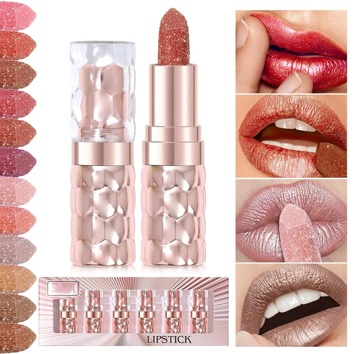 VESNIBA Pearlescent Lipstick Set Non Stick Cup Long Lasting Moisturizing Glitter Lipstick 3.2g/0.11oz*6pcs Wine Bottle Lipsticks (A, A)