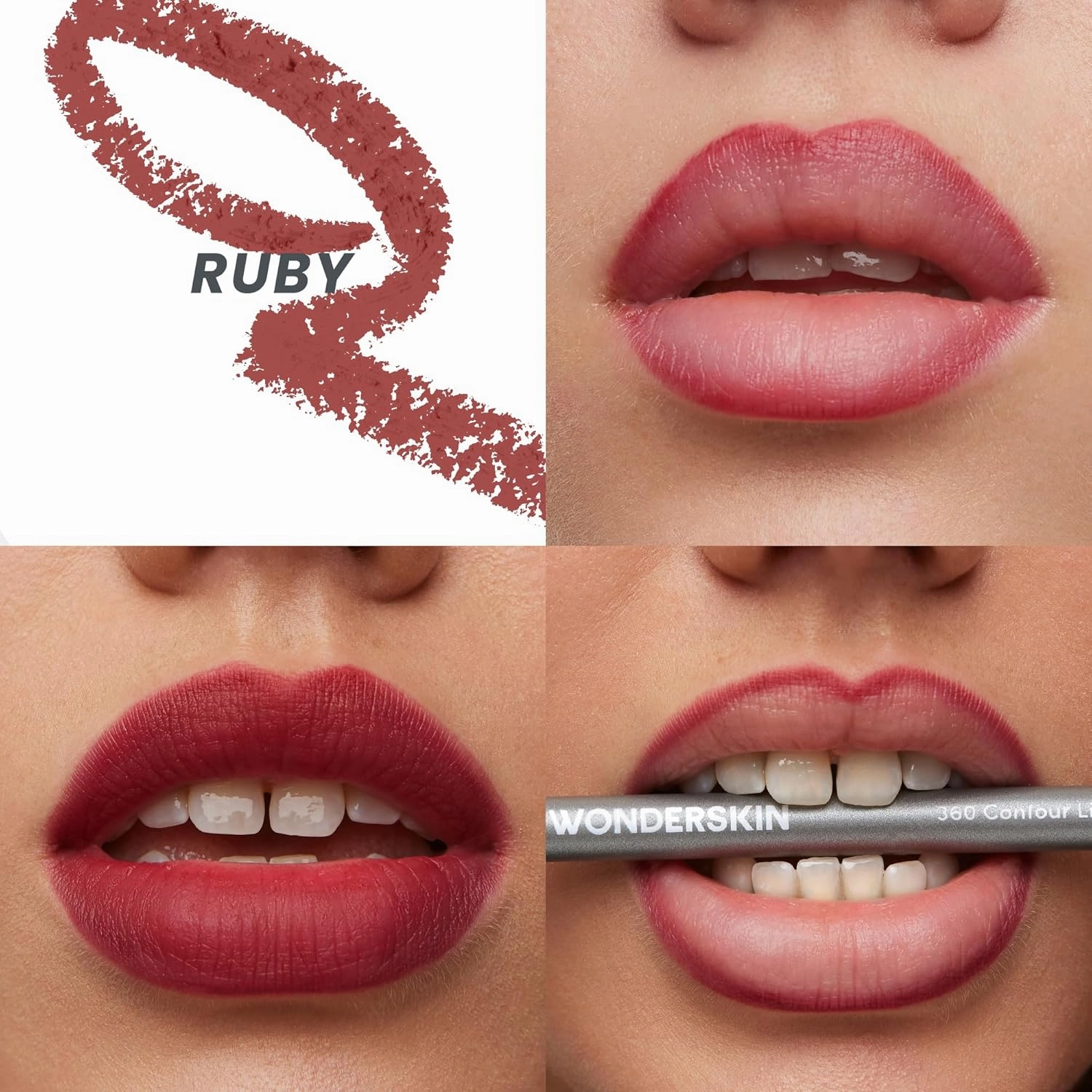 Wonderskin 360 Contour Lip Liner Pencil with Sharpener - Long Lasting, Sharpenable Lipliner, Waterproof & Transfer-Proof Nude Lip Pencil (Ruby)