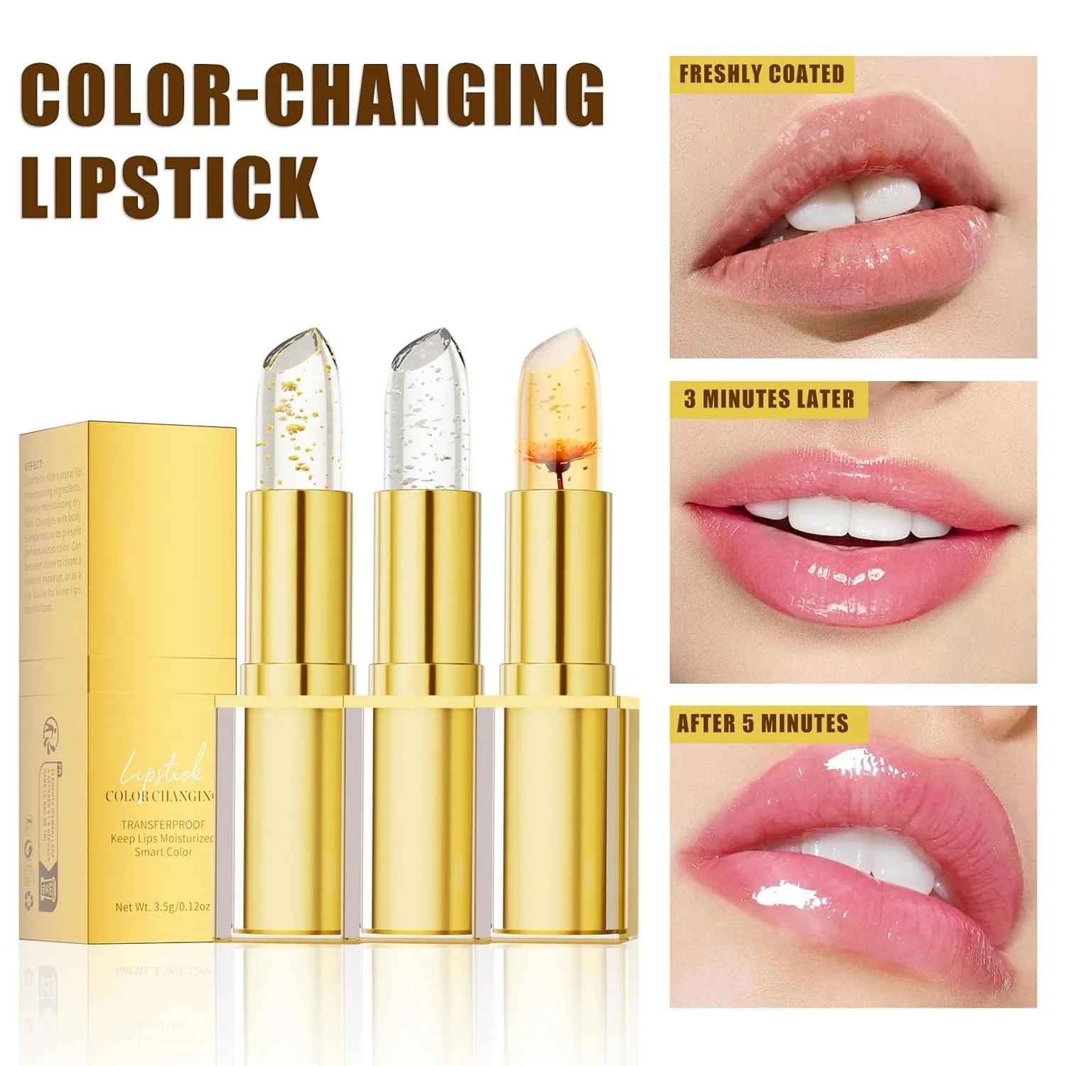 XIRUJNFD Transferproof Color-Changing Lipstick, Transferproof Long Lasting 24h, PH Lipstick Color Changing, Moisturizing Glossy Shine Lip Gloss Gold Foil For Women (01# Gold Foil)