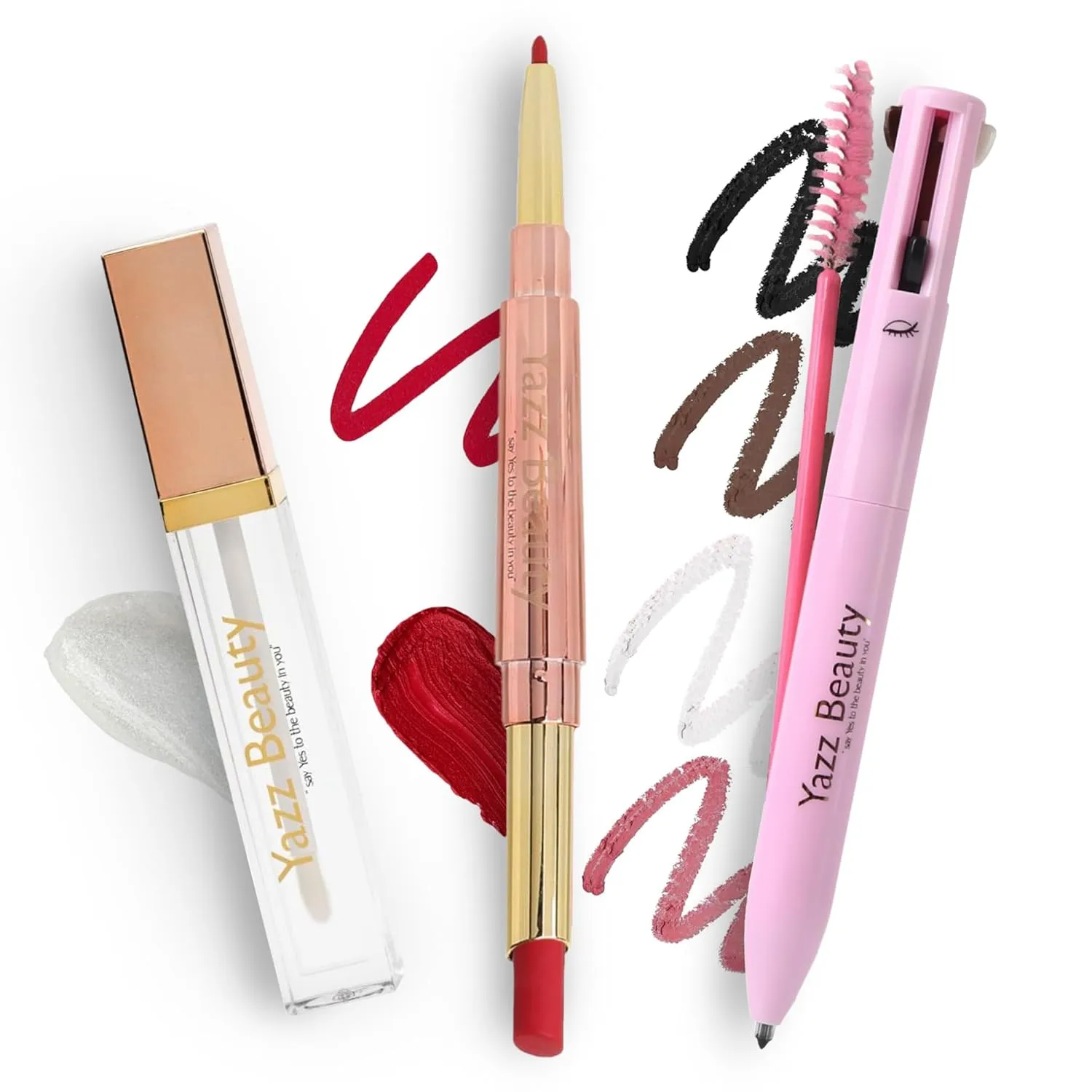 YazzBeauty 2-in-1 Makeup Set – Berry 4-in-1 Touch-Up Pen & Passion Red 3-in-1 Lip Kit – Lip Liner, Lipstick, Eyeliner, Highlighter & More – Compact, Smudge-Proof, Vegan, Cruelty-Free
