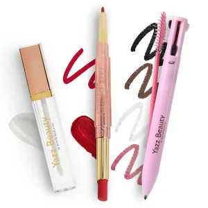 YazzBeauty 2-in-1 Makeup Set – Berry 4-in-1 Touch-Up Pen & Passion Red 3-in-1 Lip Kit – Lip Liner, Lipstick, Eyeliner, Highlighter & More – Compact, Smudge-Proof, Vegan, Cruelty-Free
