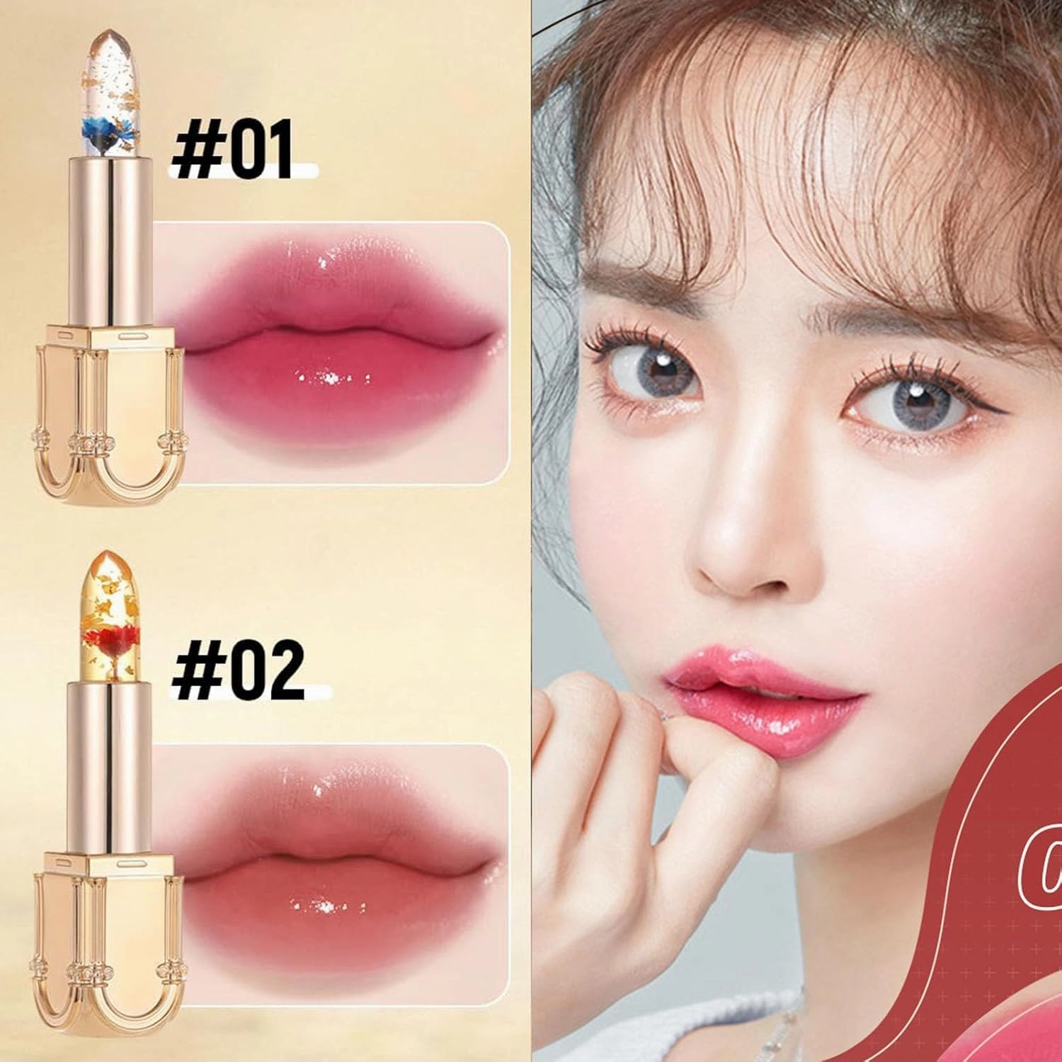 Yulyoie 2PCS Color Changing Lipstick, Crystal Jelly Flower Lipstick, Long-lasting Moisturizing, Red