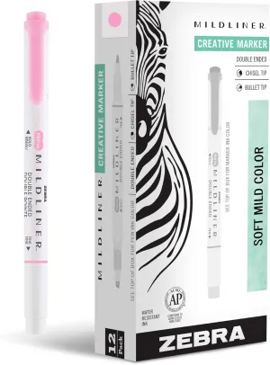 Zebra Pen Mildliner Double-Ended Highlighter Marker Set, Broad and Fine Point Tips, Ideal for Bible Highlighting, No Bleed, Mild Pink Ink, 12-Pack (78170upc)