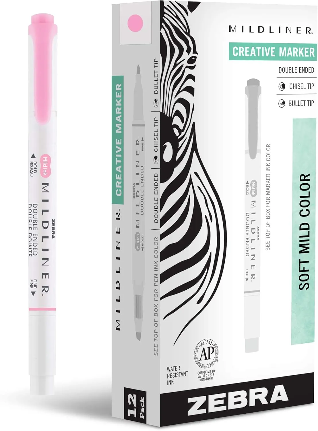 Zebra Pen Mildliner Double-Ended Highlighter Marker Set, Broad and Fine Point Tips, Ideal for Bible Highlighting, No Bleed, Mild Pink Ink, 12-Pack (78170upc)