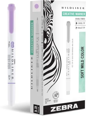Zebra Pen Mildliner Double-Ended Highlighter Marker Set, Broad and Fine Point Tips, Ideal for Bible Highlighting, No Bleed, Mild Violet Ink, 12-Pack (78180upc)