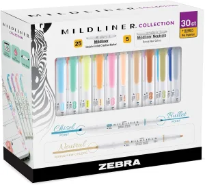 Zebra Pen Mildliner Highlighters, Double Ended Highlighter, Broad and Fine Tips, Pastel and Neutral Colors Midliner Pens, 30 Pack